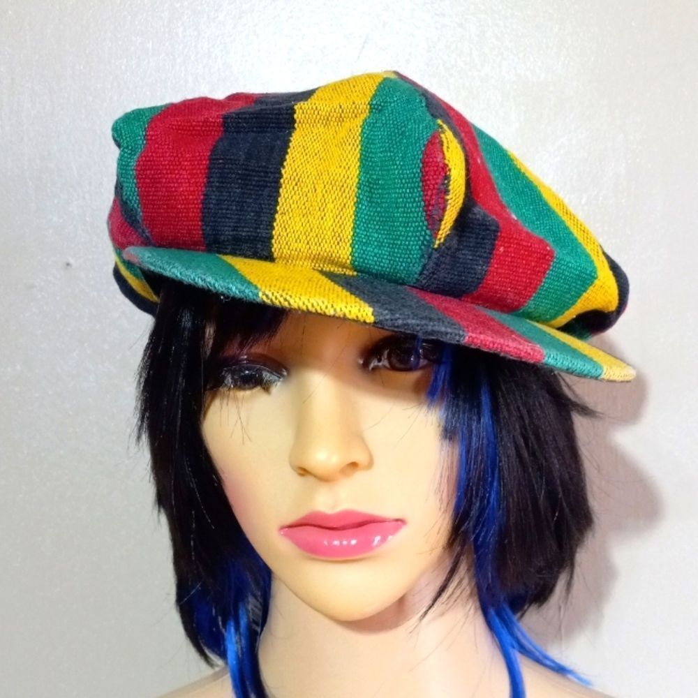 Bohemian style textile red green yellow black vtg. women's cap with visor. OS